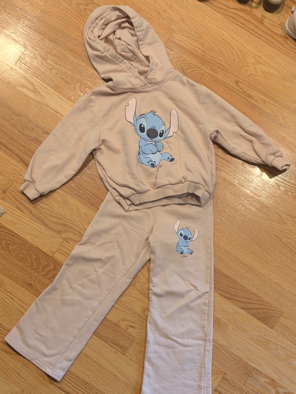 Kids Pale Pink Hoodie & Sweatpants Pajama Set with Blue Stitch Character